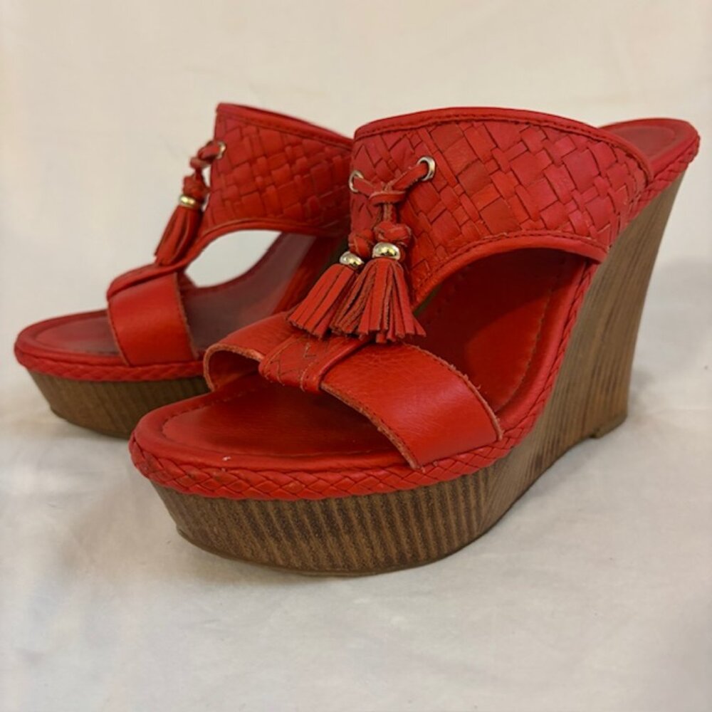 Elliott Lucca Red Leather Woven Wedge Heel Slip on Sandal with Tassel Size 8.5